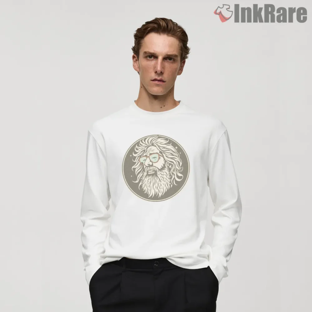 Jerry Garcia Windblown Retro Sketch Shirt on white long sleeve shirt for men graphic tee