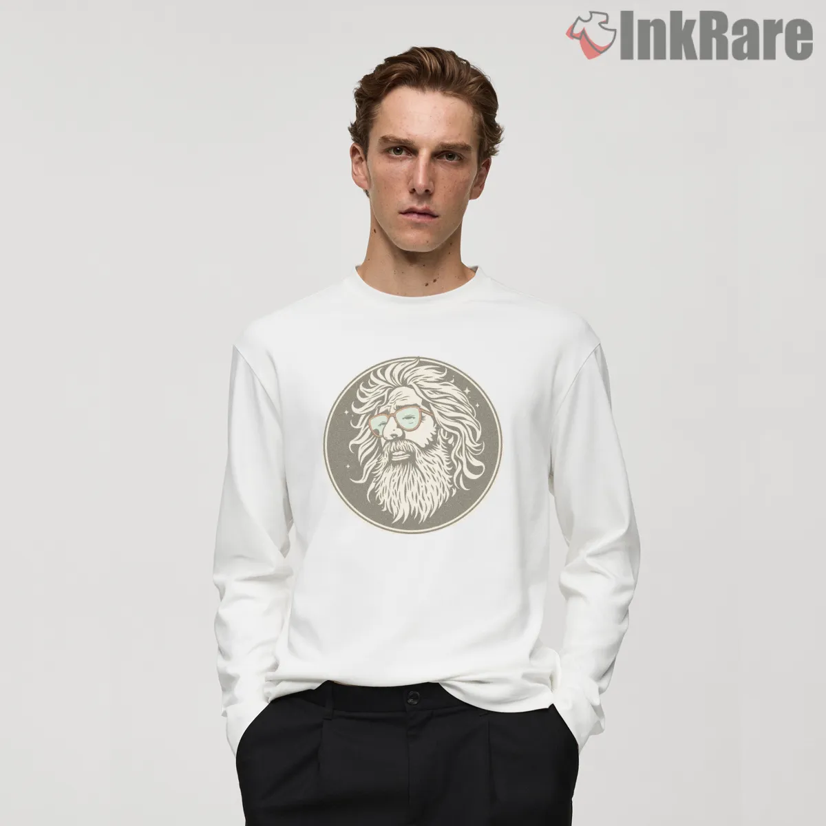 Jerry Garcia Windblown Retro Sketch Long Sleeve White Jerry Garcia Windblown Retro Sketch Shirt on white long sleeve shirt for men graphic tee