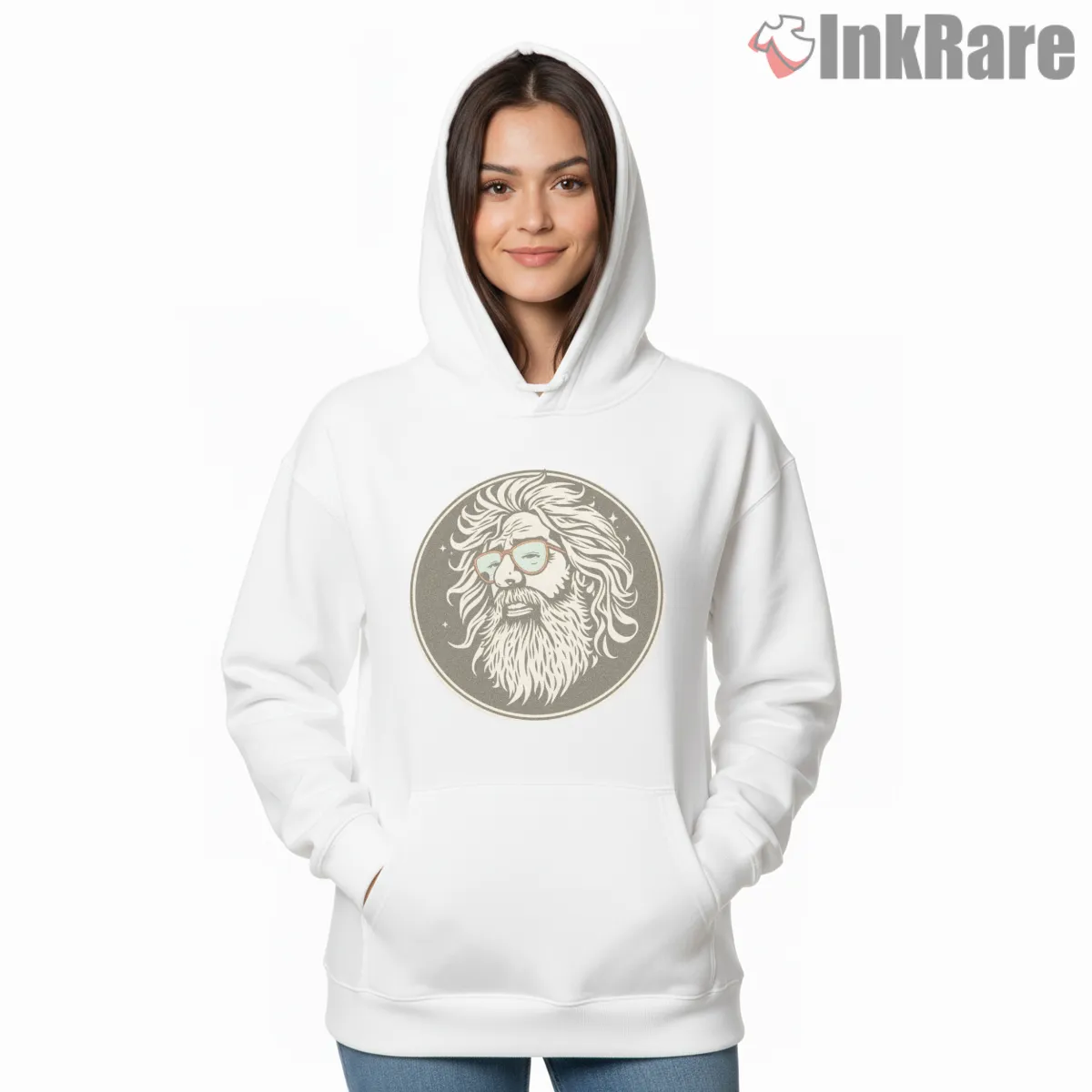 Jerry Garcia Windblown Retro Sketch Shirt on white hoodie for women graphic tee