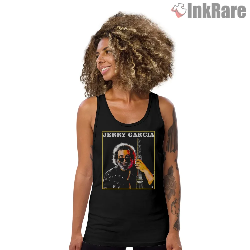 Jerry Garcia Yellow Frame Pop Art Vibes Shirt on black tank top for women graphic tee