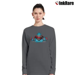 Women’s Jesus Is My Superhero Superman Logo Long-Sleeve Top in charcoal | Sleek, Versatile, All-Season