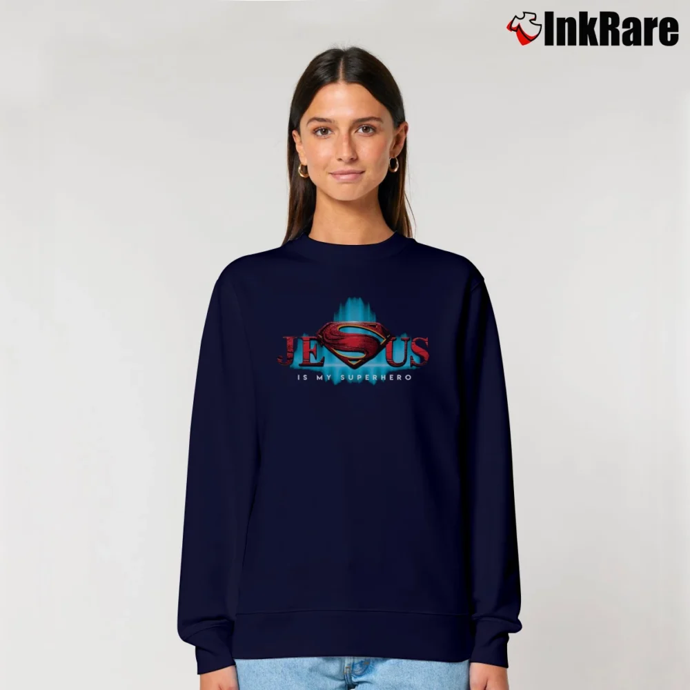 Women’s Jesus Is My Superhero Superman Logo Relaxed Sweatshirt in navy | Soft, Laid-Back Vibe