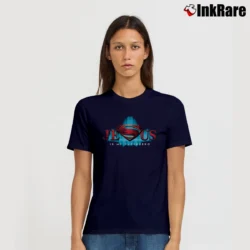 Women’s Jesus Is My Superhero Superman Logo Signature T-Shirt in navy | Soft, Flattering Fit