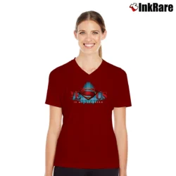 Women’s Jesus Is My Superhero Superman Logo V-Neck Tee in maroon | Chic Neckline, Soft Texture
