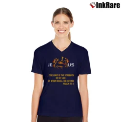 Women’s Jesus Logo Superman Style V-Neck Tee in navy | Chic Neckline, Soft Texture