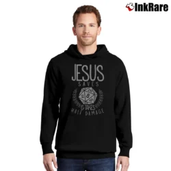 Men’s Jesus Saves And Takes Half Damage Dungeon Dragon Board Game Pullover Hoodie in black | Cozy, Durable, Modern Fit
