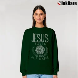 Women’s Jesus Saves And Takes Half Damage Dungeon Dragon Board Game Relaxed Sweatshirt in forest green | Soft, Laid-Back Vibe