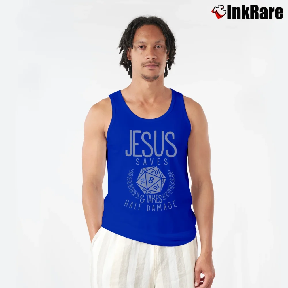Men’s Jesus Saves And Takes Half Damage Dungeon Dragon Board Game Tank Top in royal blue | Breathable, Active-Friendly Design