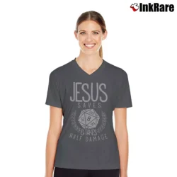Women’s Jesus Saves And Takes Half Damage Dungeon Dragon Board Game V-Neck Tee in charcoal | Chic Neckline, Soft Texture