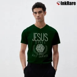 Men’s Jesus Saves And Takes Half Damage Dungeon Dragon Board Game V-Neck Tee in forest green | Sharp, Breathable, Everyday Staple