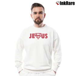 Men’s Jesus Superman Logo Crossover Cool Graphic Crewneck Sweatshirt in white | Cozy Fabric, Clean Style