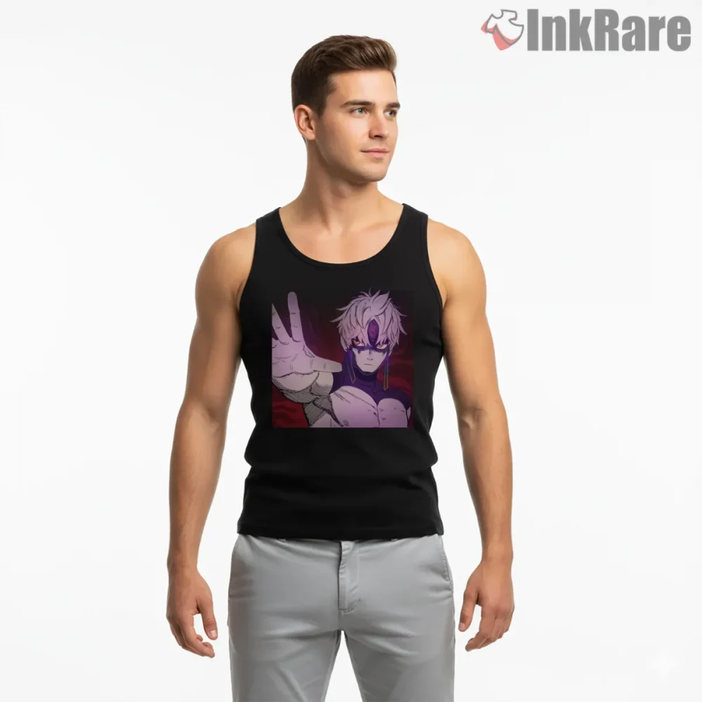 Jiji Evil Eye Possession Anime Portrait Shirt on black tank top for men graphic tee