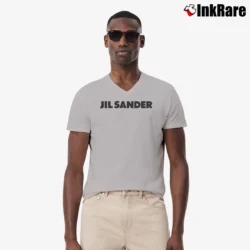 Men’s Jil Sander Logo Print Designer V-Neck Tee in sport grey | Sharp, Breathable, Everyday Staple