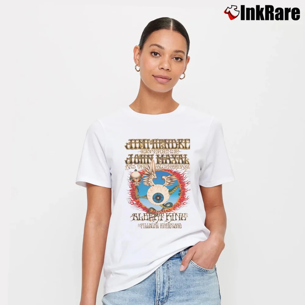 Women’s Jimi Hendrix Flying Eyeball Psychedelic Poster Signature T-Shirt in white | Soft, Flattering Fit