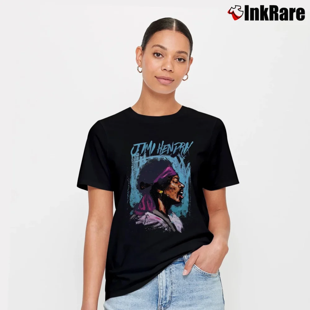 Women’s Jimi Hendrix Painted Rock Legend Signature T-Shirt in black | Soft, Flattering Fit