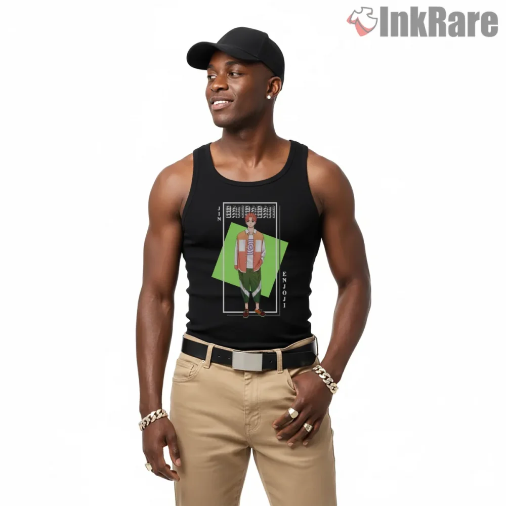 Jin Enjoji Anime Character Poster Graphic Shirt on black tank top for men graphic tee