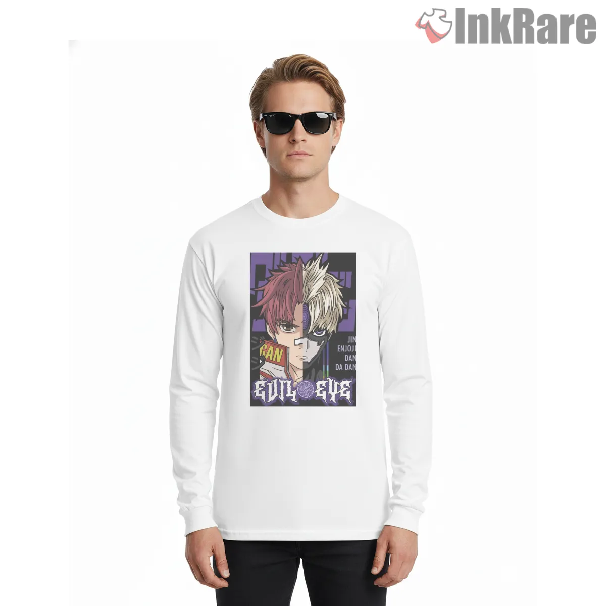 Jin Enjoji Evil Eye Dual Persona Dandadan Long Sleeve White Jin Enjoji Evil Eye Dual Persona Dandadan Shirt on white long sleeve shirt for men graphic tee