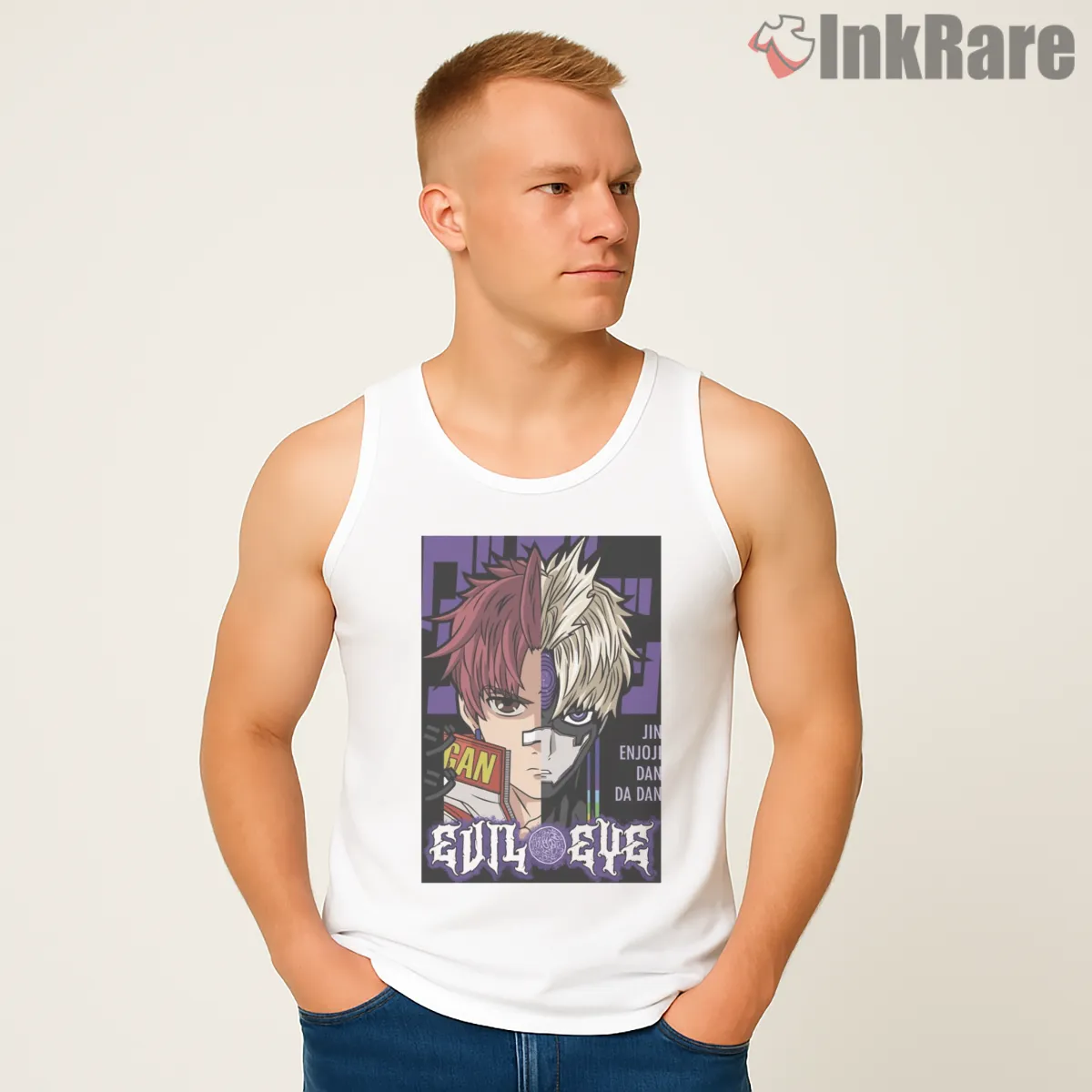 Jin Enjoji Evil Eye Dual Persona Dandadan Tank Top White Jin Enjoji Evil Eye Dual Persona Dandadan Shirt on white tank top for men graphic tee