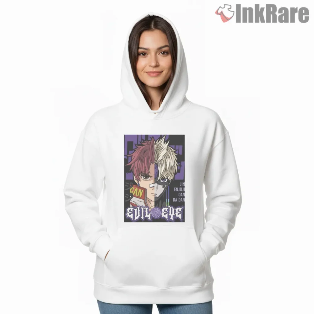 Jin Enjoji Evil Eye Dual Persona Dandadan Shirt on white hoodie for women graphic tee