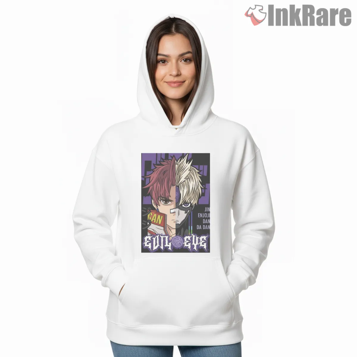 Jin Enjoji Evil Eye Dual Persona Dandadan Hoodie White Jin Enjoji Evil Eye Dual Persona Dandadan Shirt on white hoodie for women graphic tee
