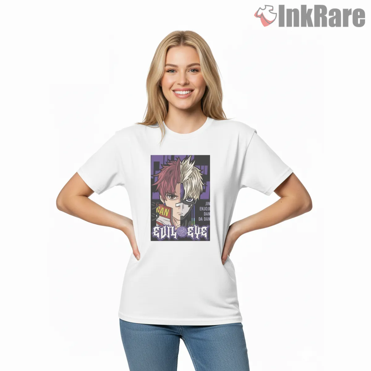 Jin Enjoji Evil Eye Dual Persona Dandadan Short Sleeve White Jin Enjoji Evil Eye Dual Persona Dandadan Shirt on white short sleeve shirt for women graphic tee