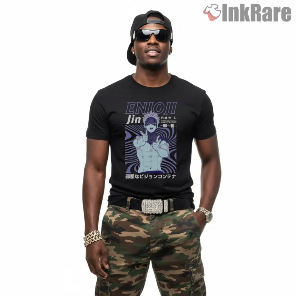 Jin Enjoji Evil Eye Possession Anime Shirt on black short sleeve shirt for men graphic tee