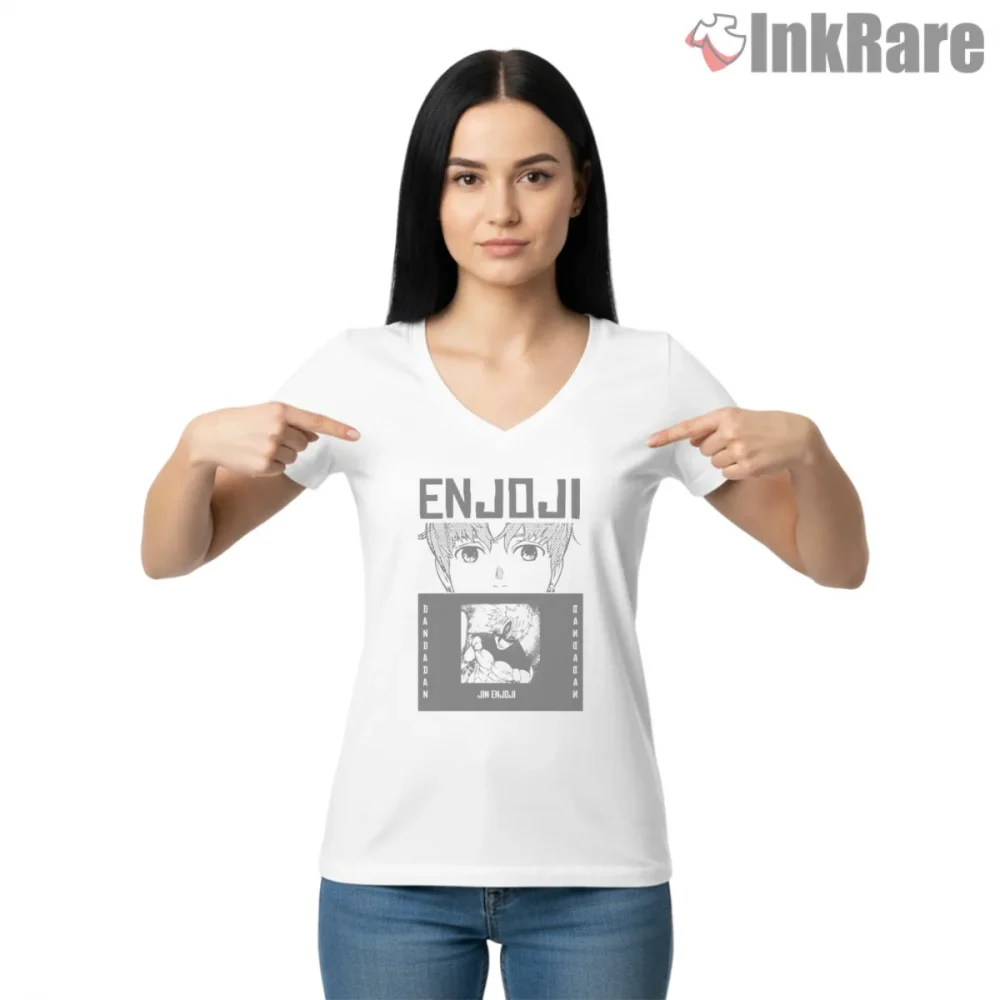 Jin Enjoji Minimal Manga Poster Dandadan Shirt on white v-neck shirt for women graphic tee