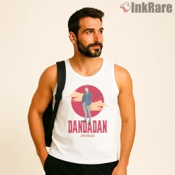 Jin Enjoji Sunset Minimal Dandadan Shirt on white tank top for men graphic tee
