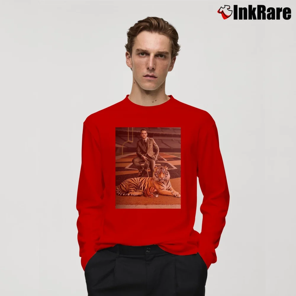 Men’s Joe Burrow King Of The Jungle Tiger Graphic Long-Sleeve Shirt in red | Sleek, Lightweight, Year-Round Wear