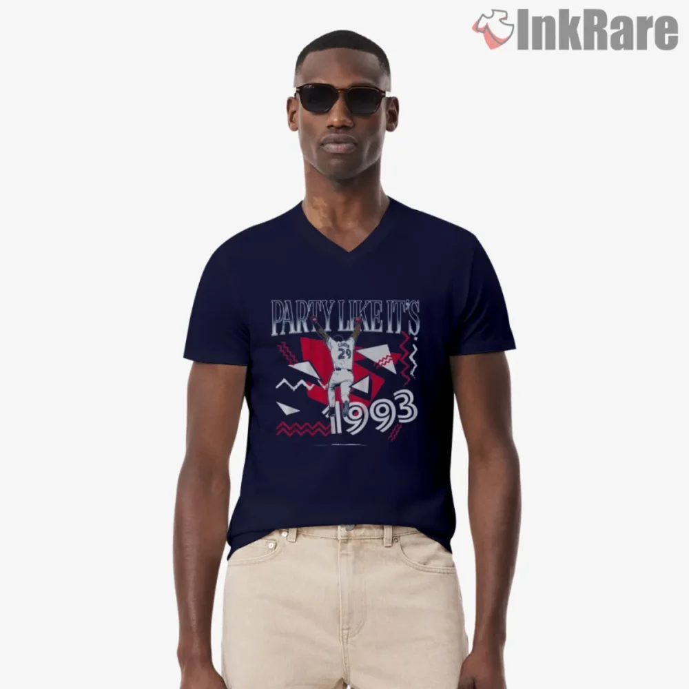 Joe Carter 1993 Walk Off Shirt with party like 1993 graphic on navy V neck