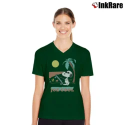 Women’s Joe Cool Snoopy And Woodstock V-Neck Tee in forest green | Chic Neckline, Soft Texture