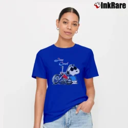 Women’s Joe Cool Snoopy Motorcycle USA Signature T-Shirt in royal blue | Soft, Flattering Fit