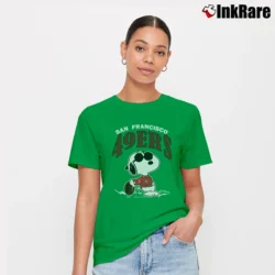 Women’s Joe Cool Snoopy Peanuts San Francisco 49ers Football Signature T-Shirt in irish green | Soft, Flattering Fit