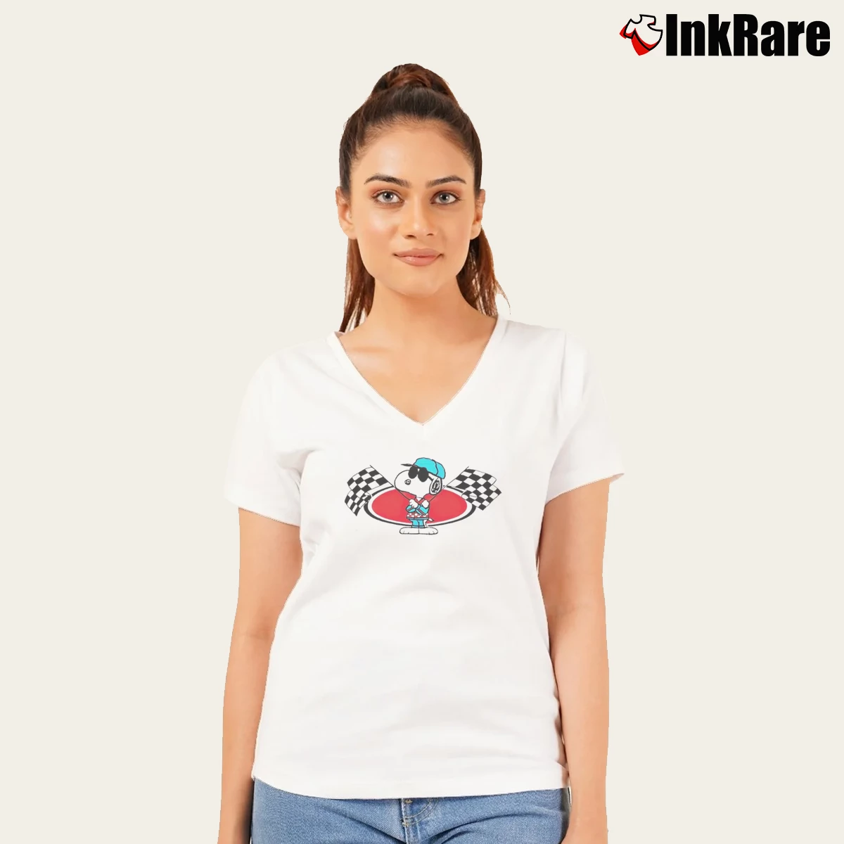 Joe Cool Snoopy Racing Women’s V-Neck Tee in white – Flattering Fit Women’s Joe Cool Snoopy Racing V-Neck Tee in white | Chic Neckline, Soft Texture