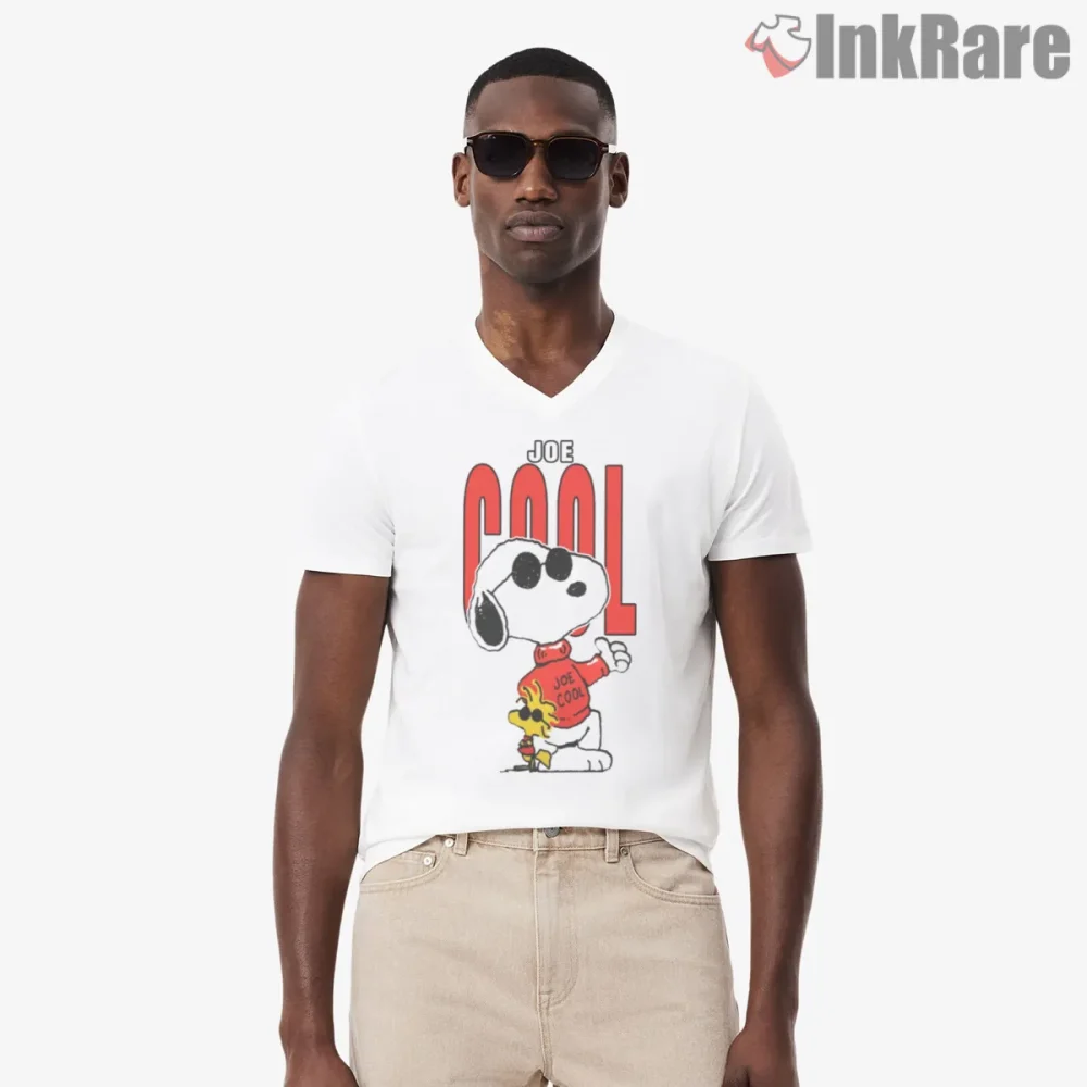 Joe Cool Snoopy Retro Shirt on white v-neck shirt for men graphic tee