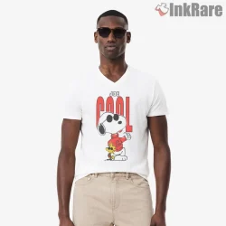 Joe Cool Snoopy Retro Shirt on white v-neck shirt for men graphic tee