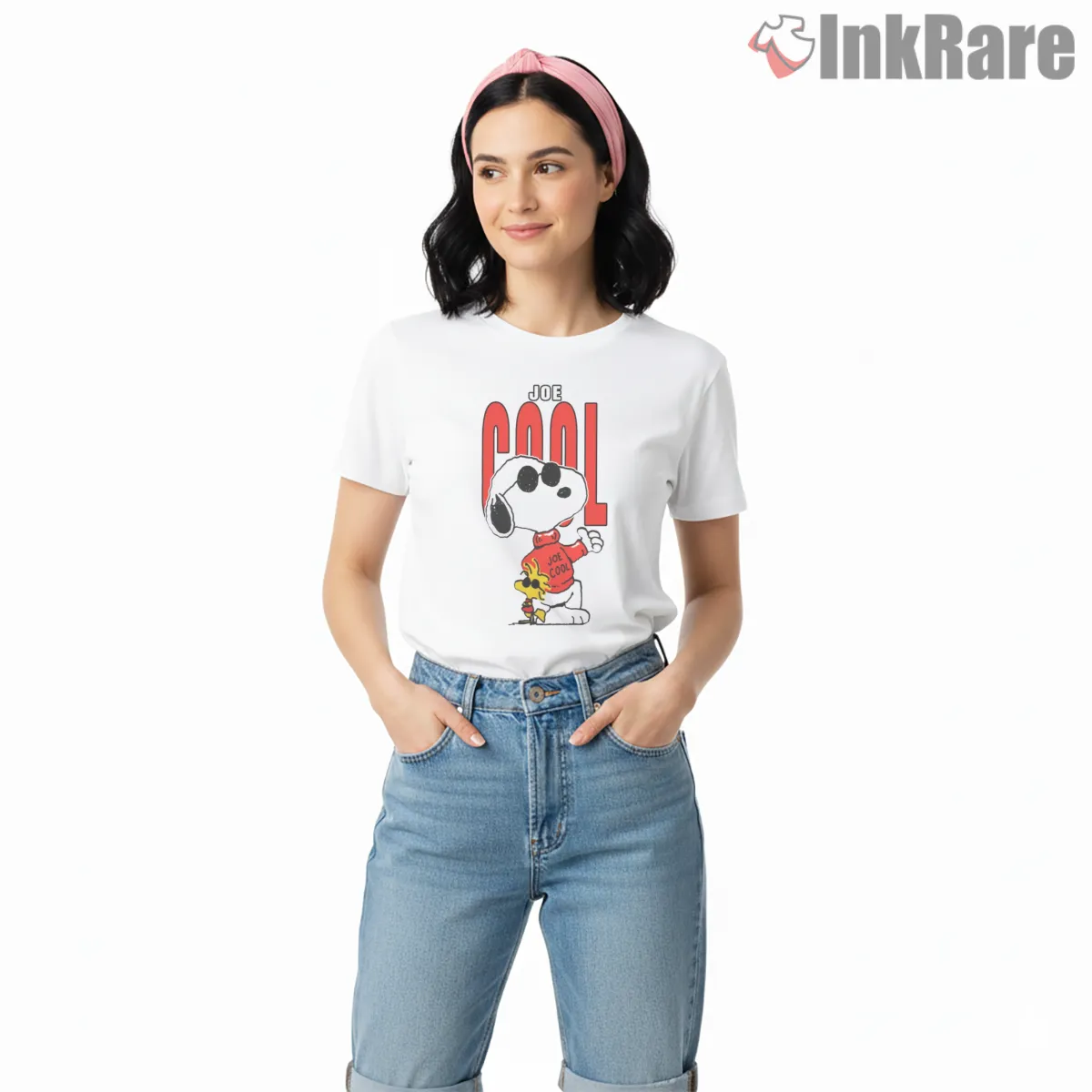 Joe Cool Snoopy Retro Shirt on white short sleeve shirt for women graphic tee