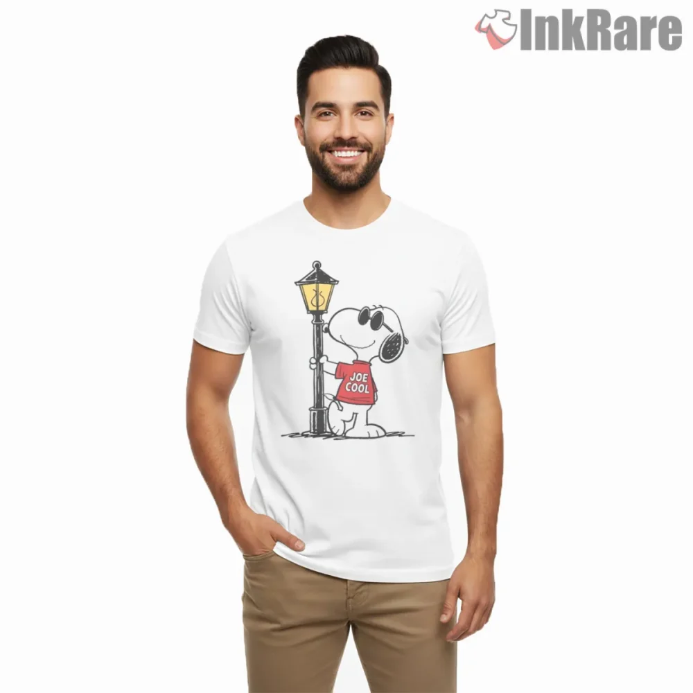 Joe Cool Snoopy Street Style Shirt on white short sleeve shirt for men graphic tee