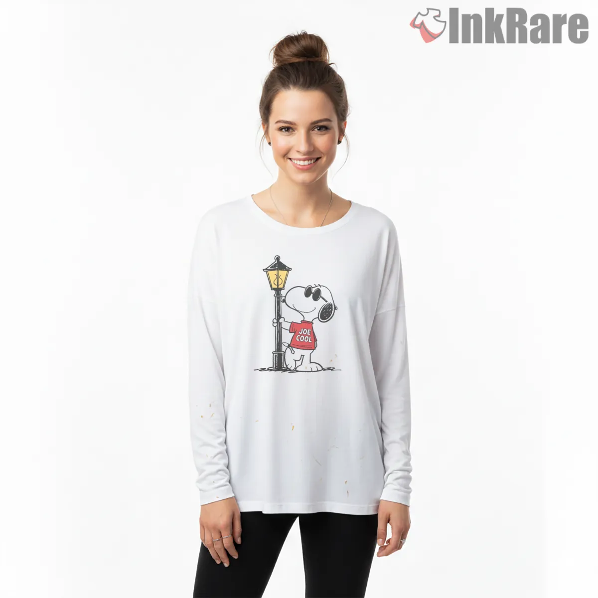 Joe Cool Snoopy Street Style Shirt on white long sleeve shirt for women graphic tee