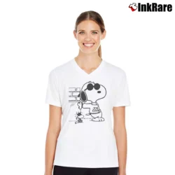 Women’s Joe Cool Snoopy Sunglasses Funny Woodstock V-Neck Tee in white | Chic Neckline, Soft Texture