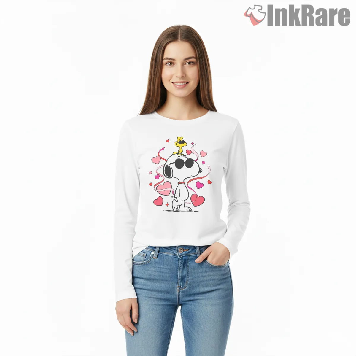 Joe Cool Snoopy Valentine Hearts Shirt on white long sleeve shirt for women graphic tee