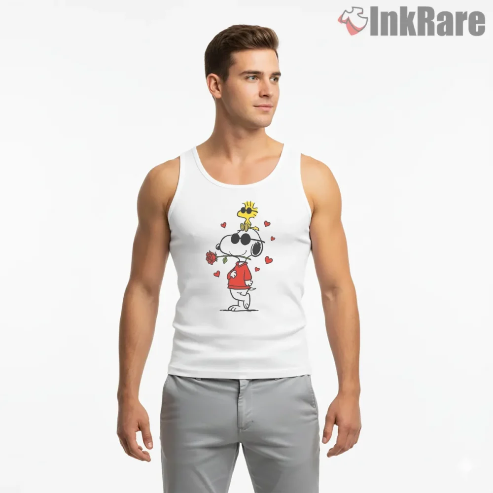 Joe Cool Snoopy Valentine Rose Shirt on white tank top for men graphic tee