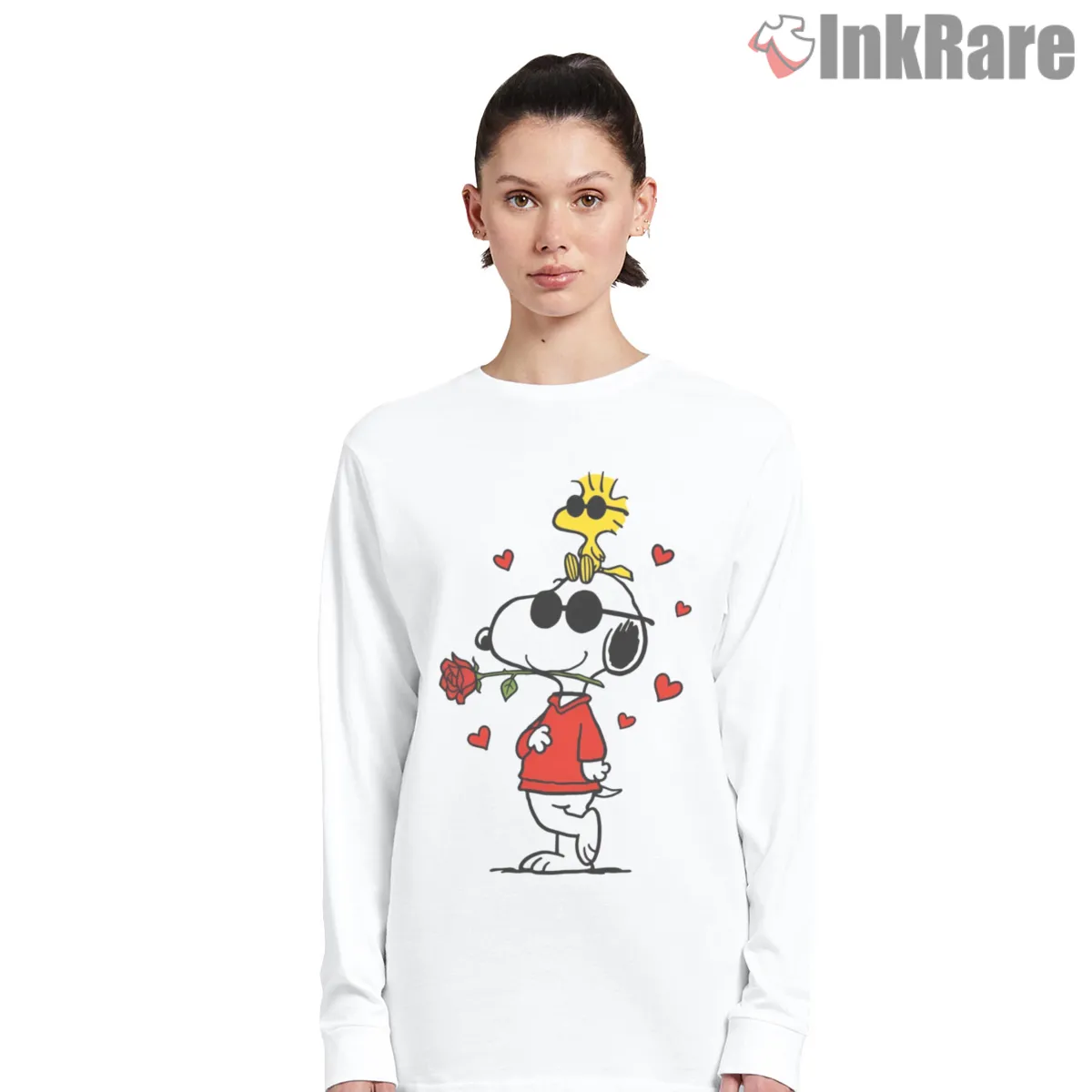 Joe Cool Snoopy Valentine Rose Shirt on white long sleeve shirt for women graphic tee