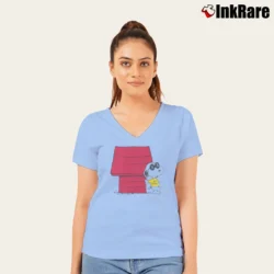 Women’s Joe Kaws Snoopy Woodstock Joe V-Neck Tee in light blue | Chic Neckline, Soft Texture