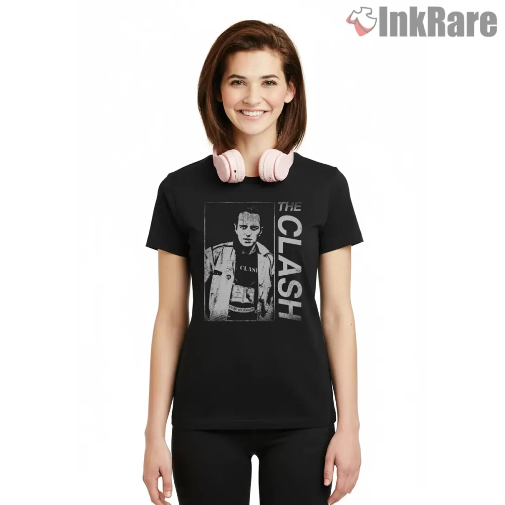 Joe Strummer Distressed Portrait Punk Icon Shirt on black short sleeve shirt for women graphic tee