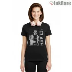 Joe Strummer Distressed Portrait Punk Icon Shirt on black short sleeve shirt for women graphic tee
