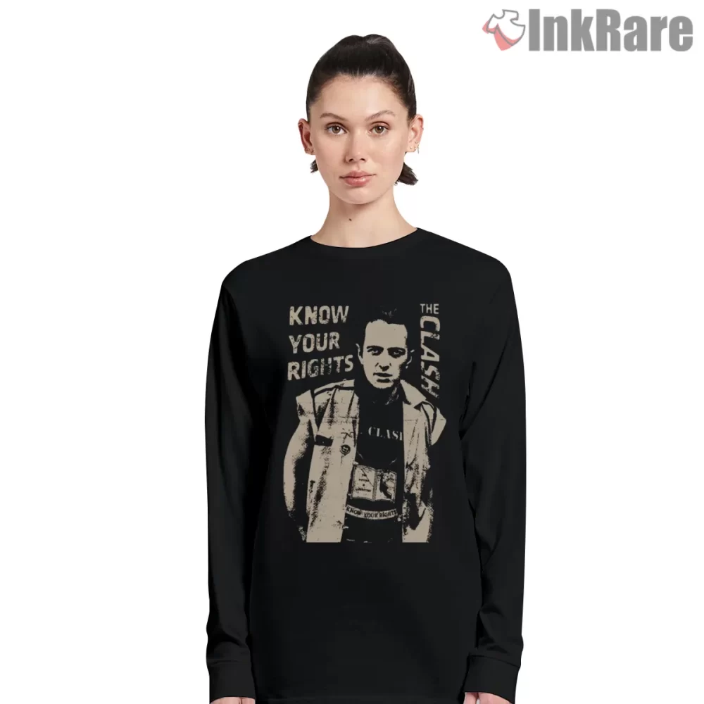 Joe Strummer Know Your Rights Protest Shirt on black long sleeve shirt for women graphic tee