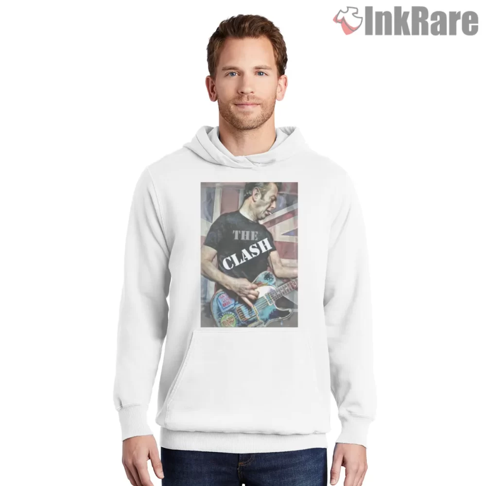 Joe Strummer Live Guitar Performance Shirt on white hoodie for men graphic tee