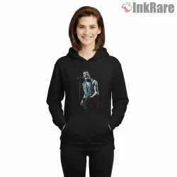 Joe Strummer Live Performance Retro Punk Shirt on black hoodie for women graphic tee