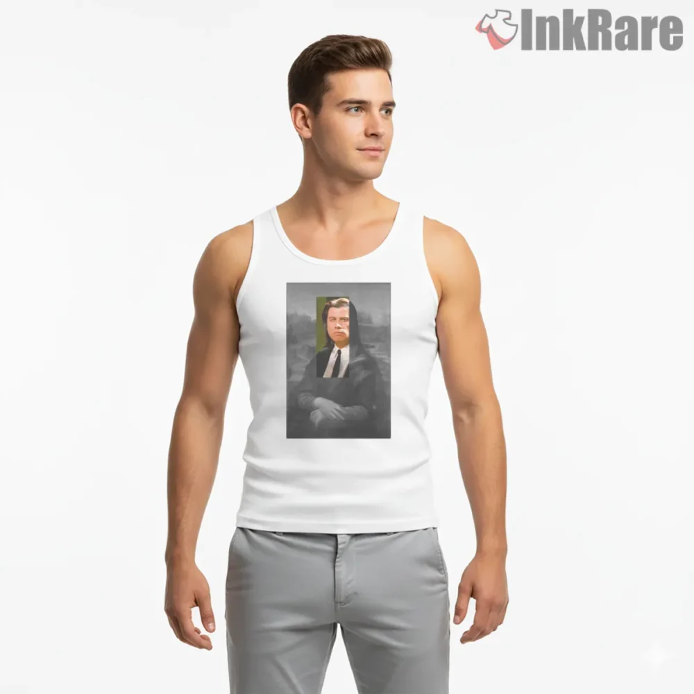 John Travolta Mona Lisa Mashup Shirt on white tank top for men graphic tee